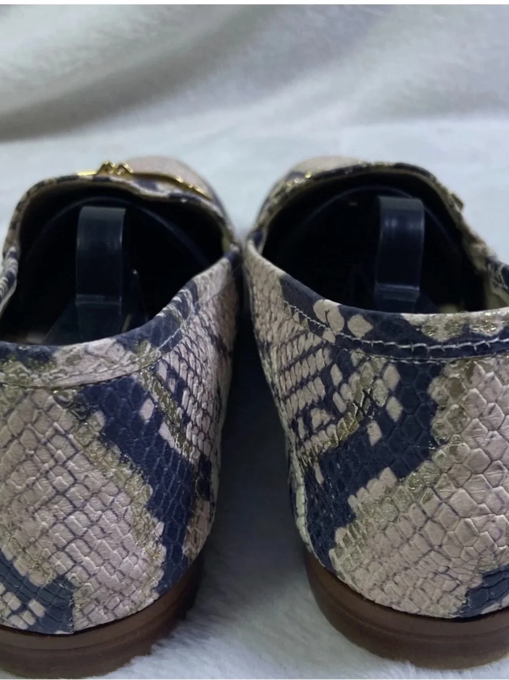 Sam Edelman Navy & Cream Snake-Print Loafers with Gold Bit